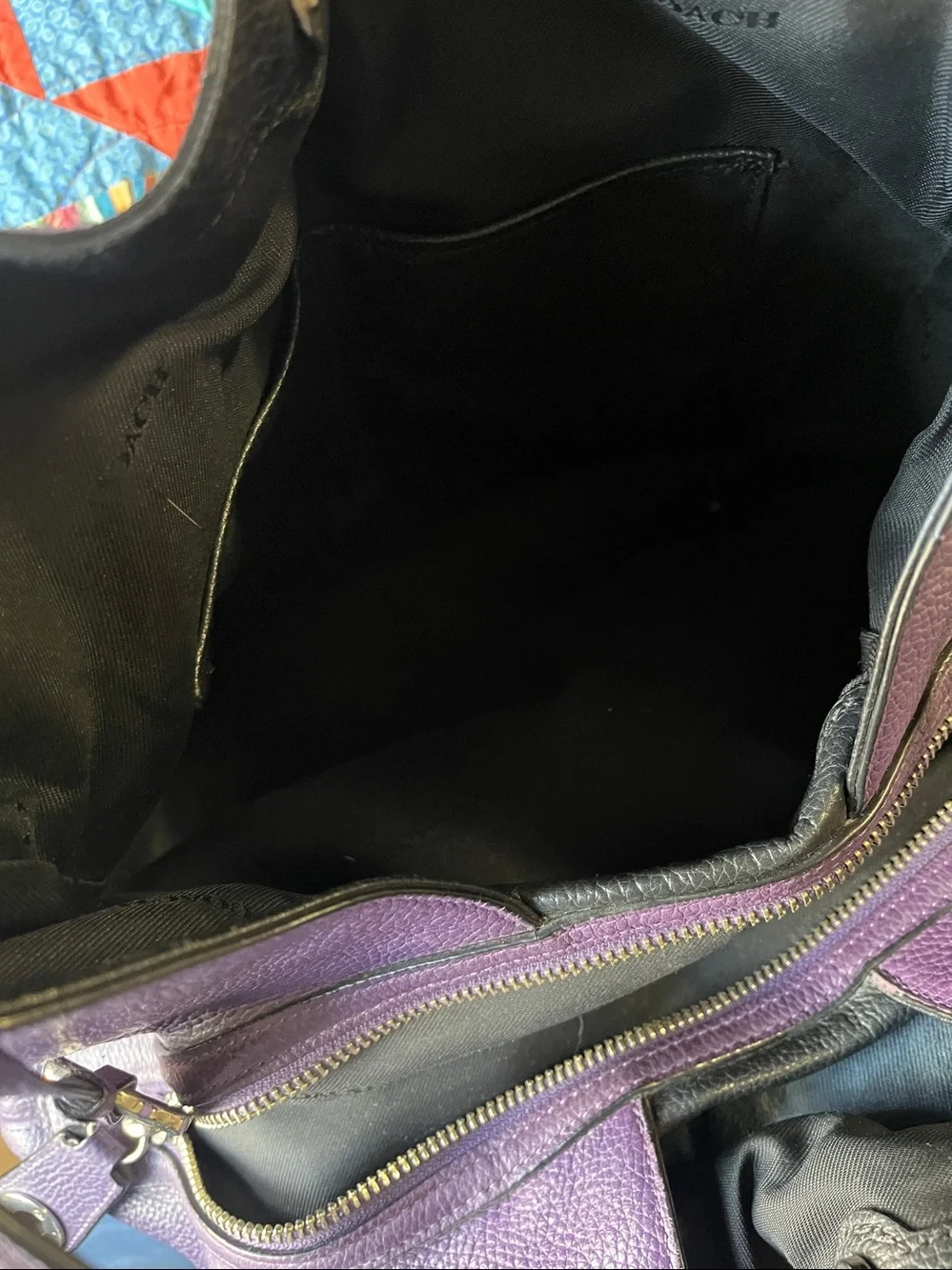 Coach Pebbled Leather Shoulder Bag in Purple with Black Handles